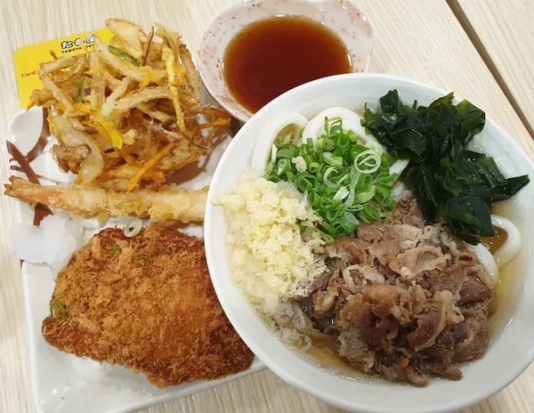 Beef udon + tempura + chicken cutlet ($16.60)!