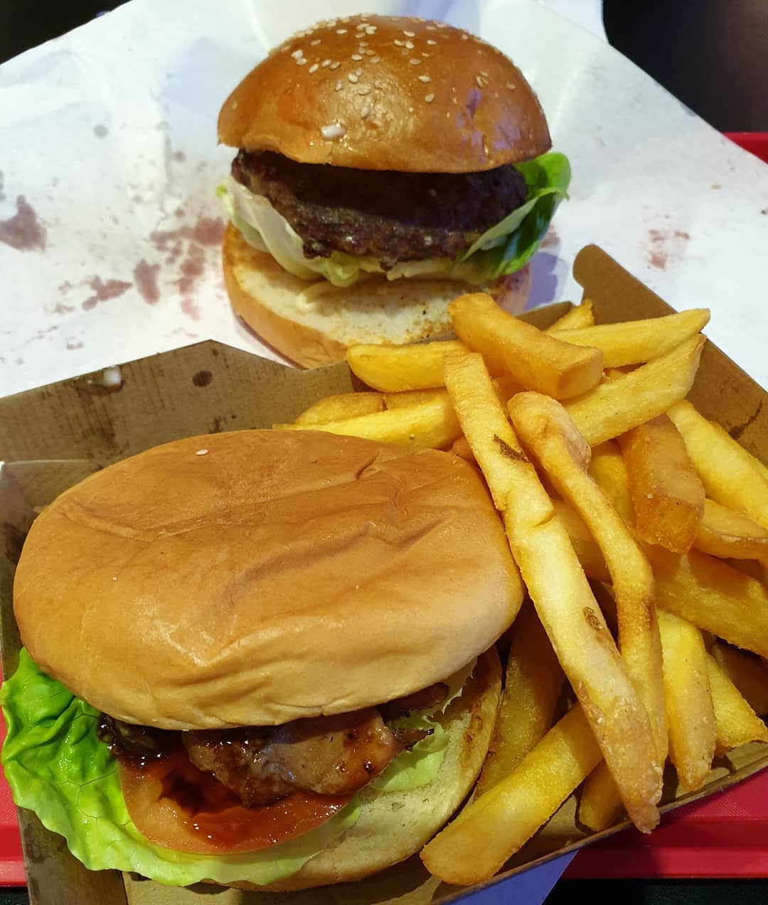 Wolf burger, teriyaki chicken burger, fries, drink ($20.80)!