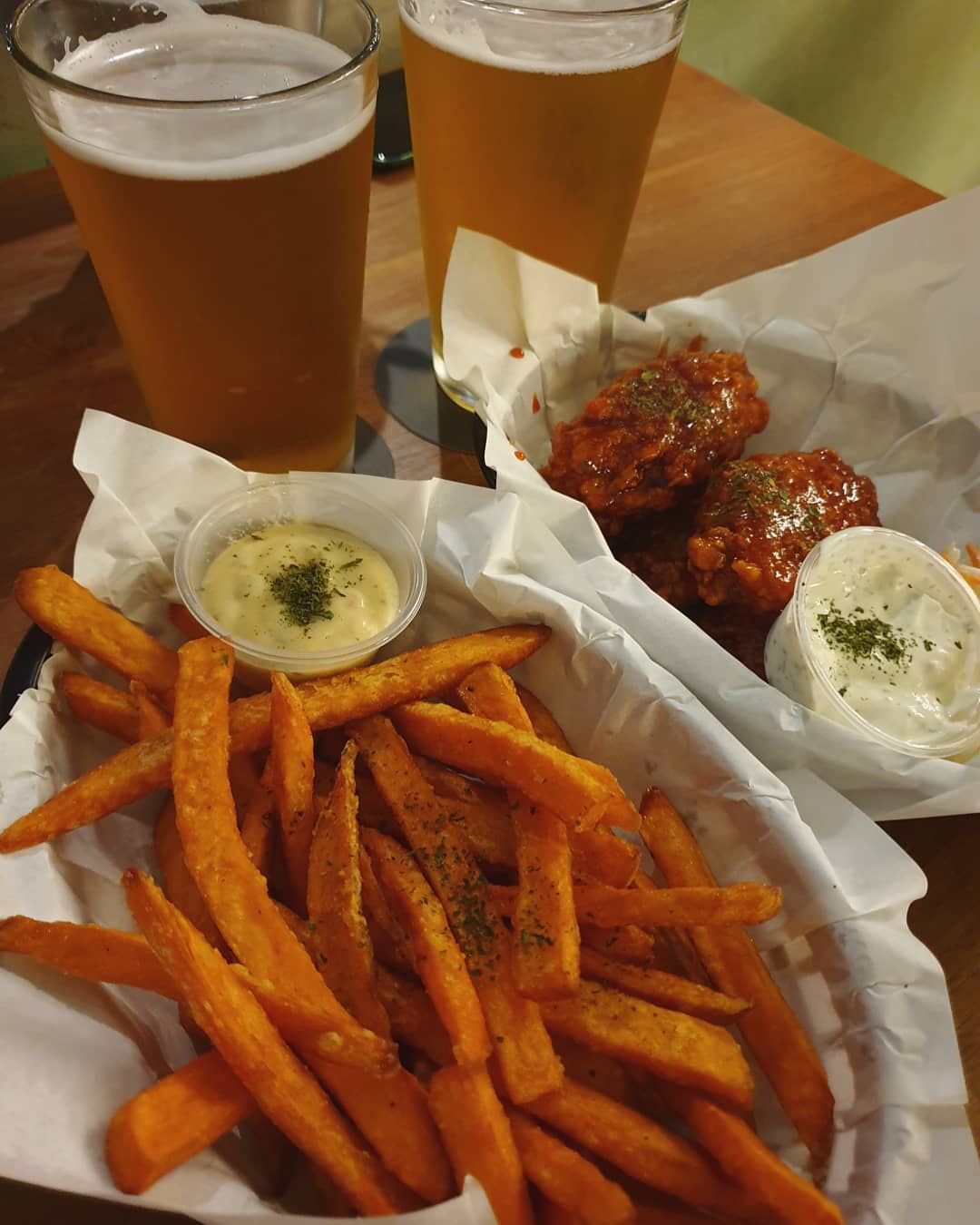 Korean fried wings, Sweet potato fries, Beers (Burpple Beyond: $37.44)!