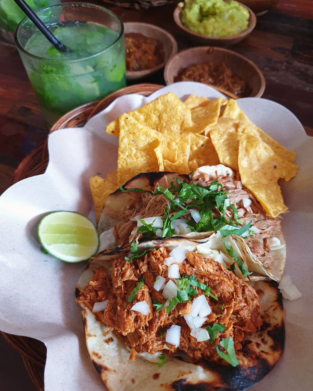 Chicken and pork tacos & mojito!