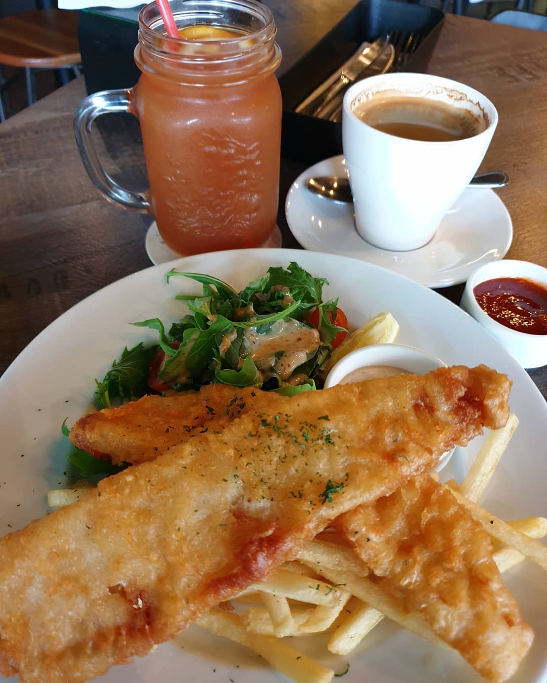 Fish & chips, ice lemon tea, regular black ($25.20)!