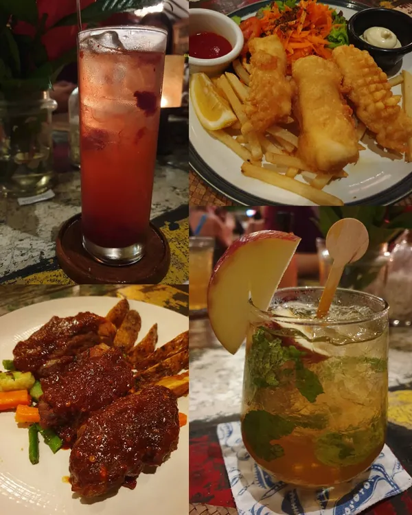 Fish & chips, Pork ribs, Raspberry collins, Apple mojito!