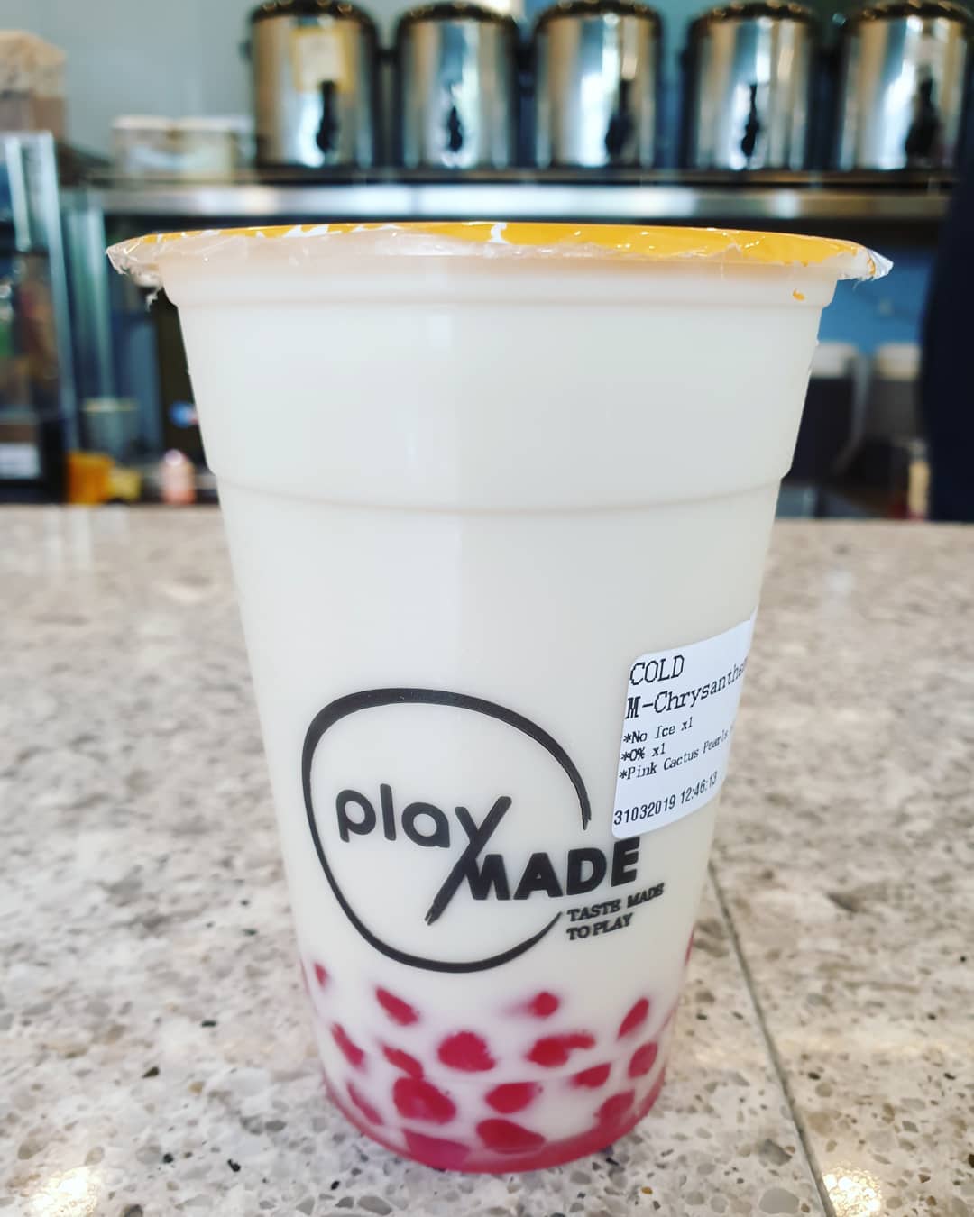 1 of the all time favourites — Chrysanthemum milk tea with pink cactus pearls (M: $3.70)!