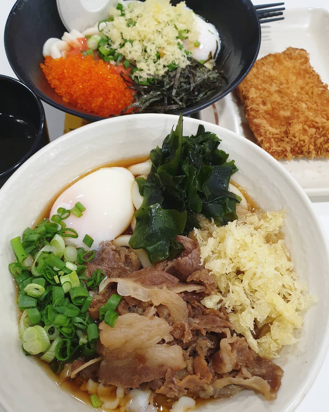 Triple egg udon ($9.80); Sanuki beef egg udon ($11.20); Chicken cutlet ($2.20)!