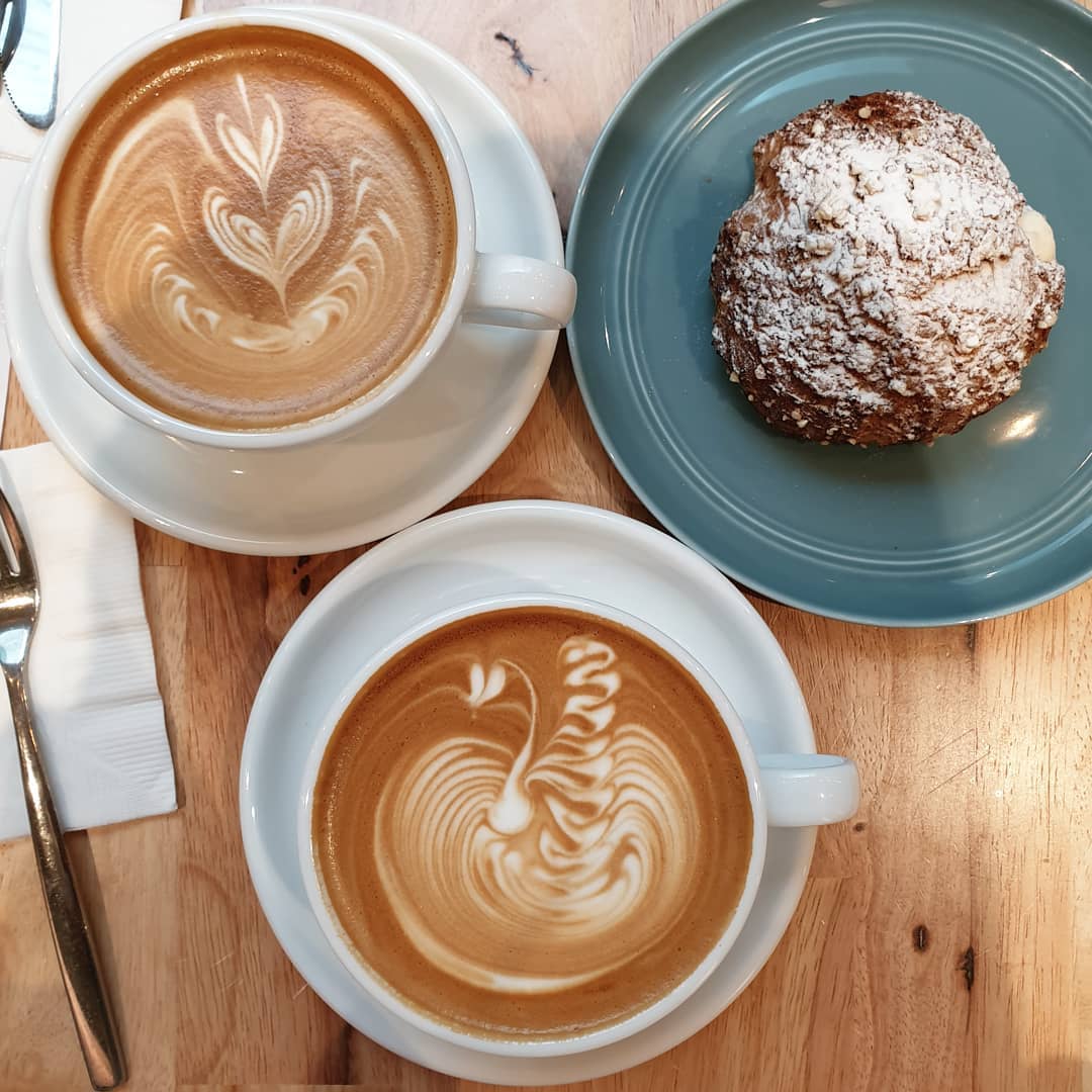 Flat white ($7.20+), Latte ($7.20+), Cream puff ($4.50+)!