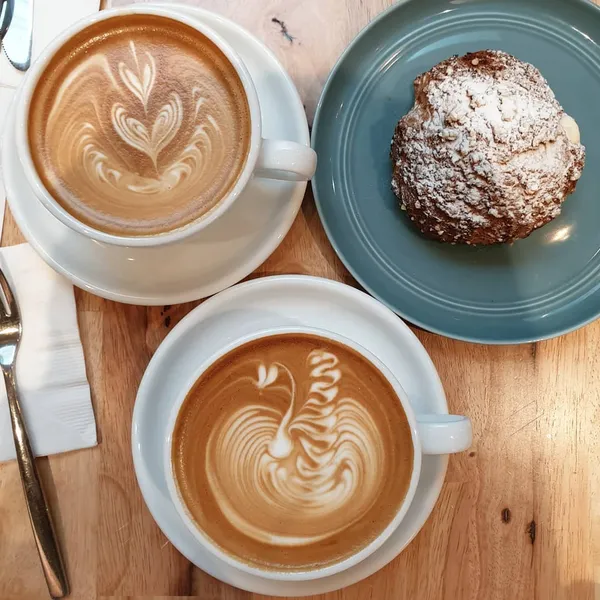 Flat white ($7.20+), Latte ($7.20+), Cream puff ($4.50+)!