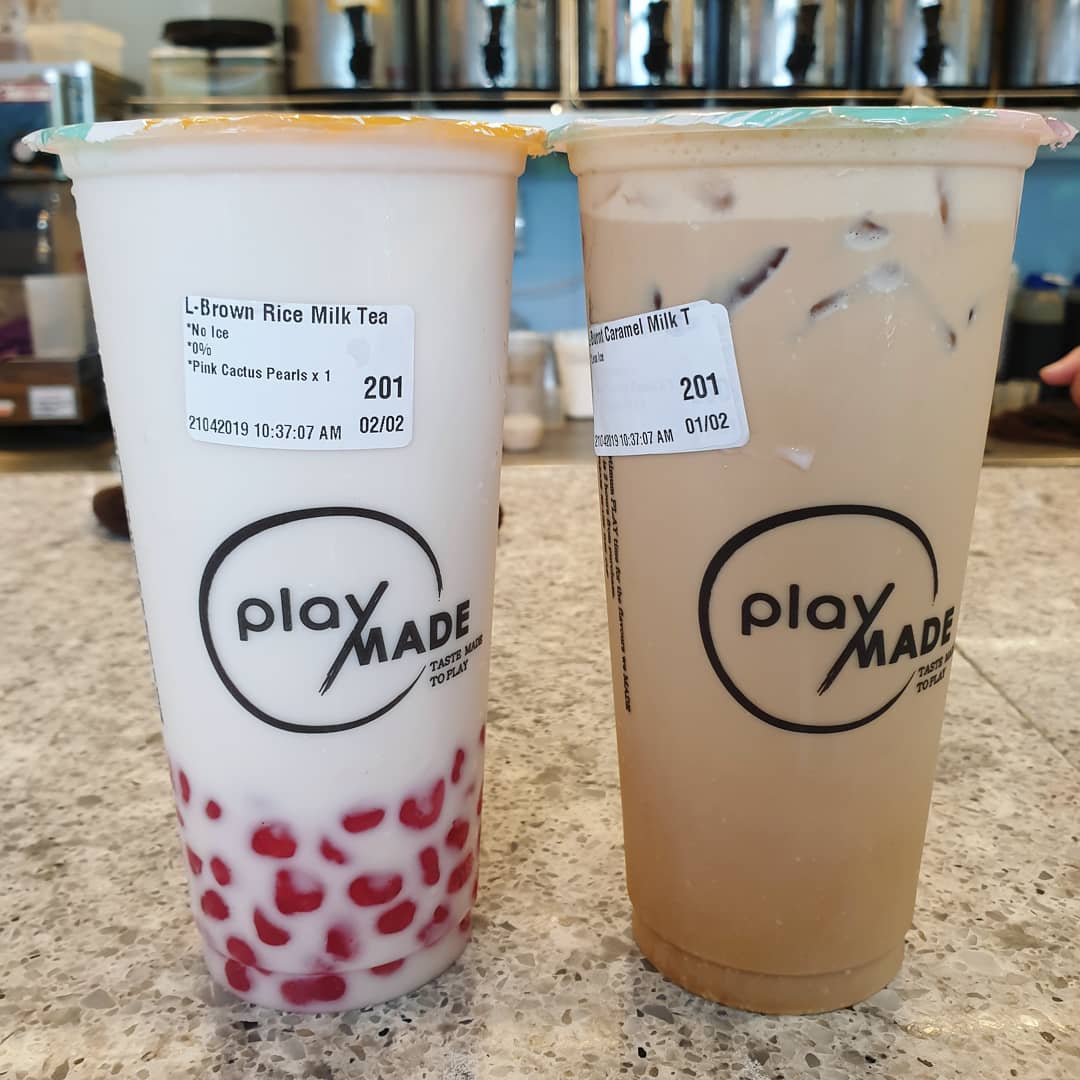 Brown rice milk tea with pink cactus pearls ($5.90) & Burnt caramel milk tea ($4.90)!