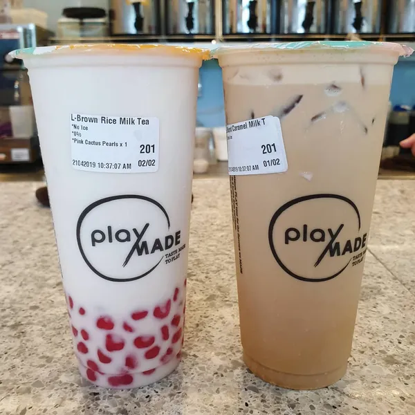 Brown rice milk tea with pink cactus pearls ($5.90) & Burnt caramel milk tea ($4.90)!