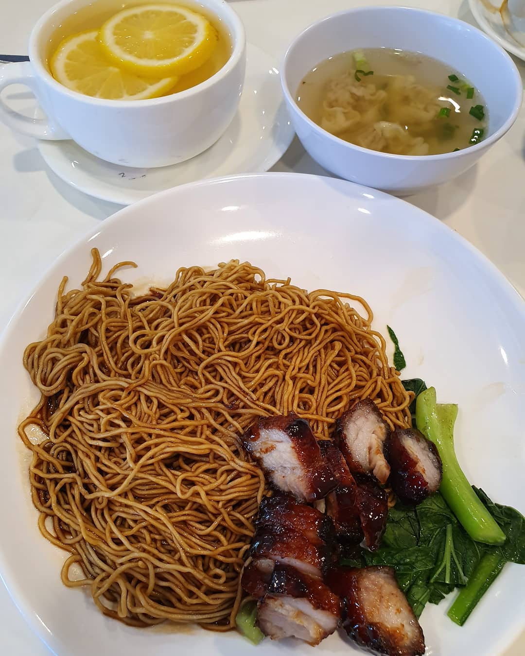 Dry wanton mee with char siew and wanton (RM$8.30+) & Hot honey lemon (RM$3.60+)!