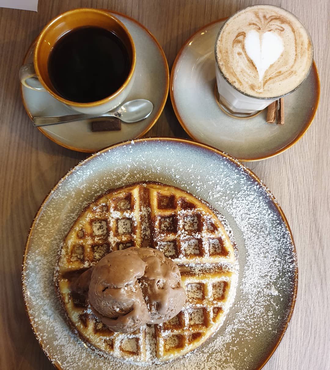 Hazelnut chocolate ice cream waffle ($13+); Long black ($5+); Chai latte ($6+)!