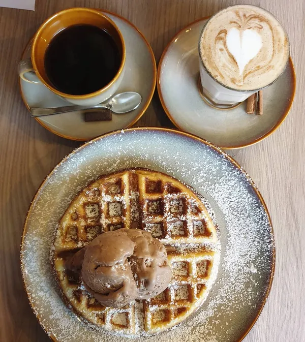 Hazelnut chocolate ice cream waffle ($13+); Long black ($5+); Chai latte ($6+)!