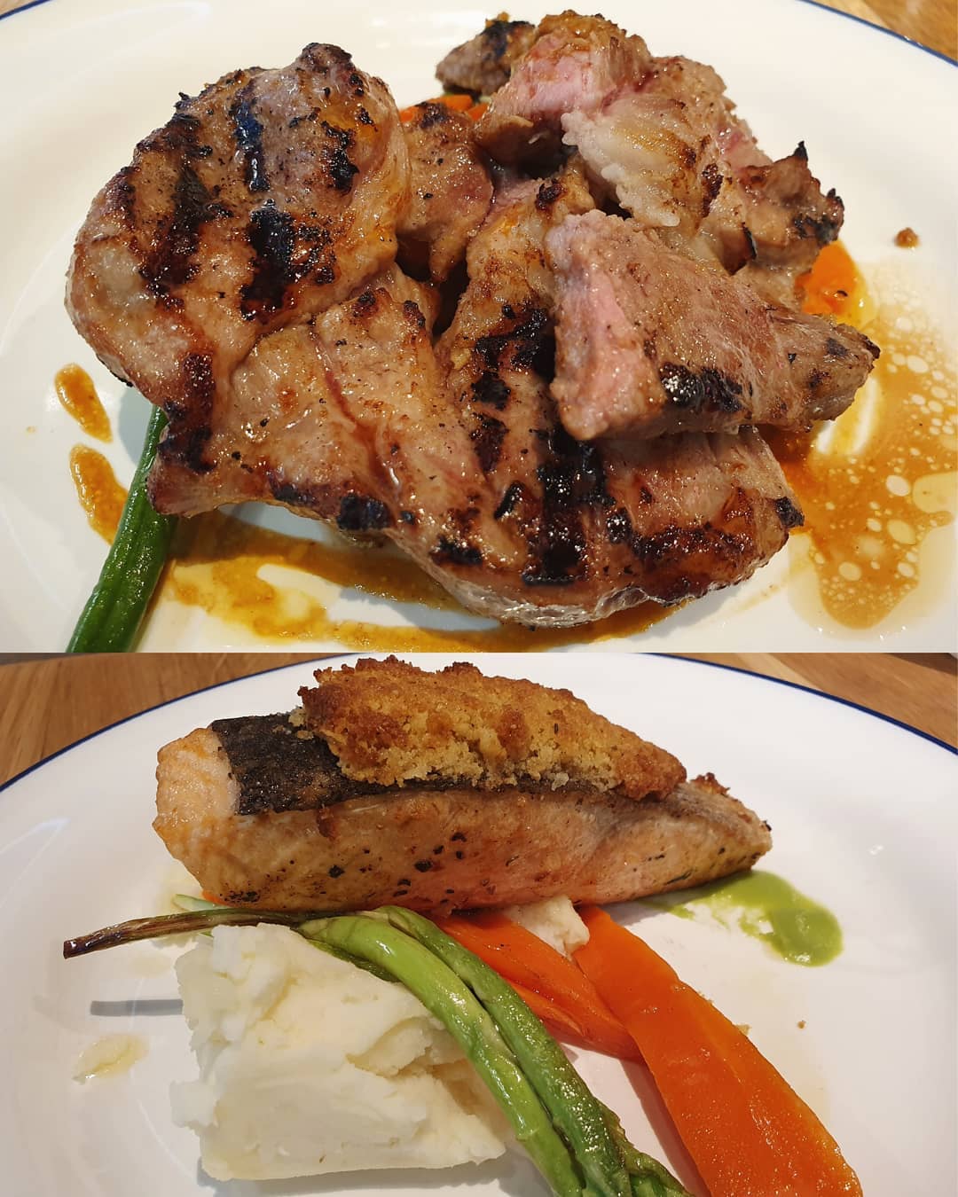 Grilled iberico pork ($23++) & Salmon with almond crust ($22++)!