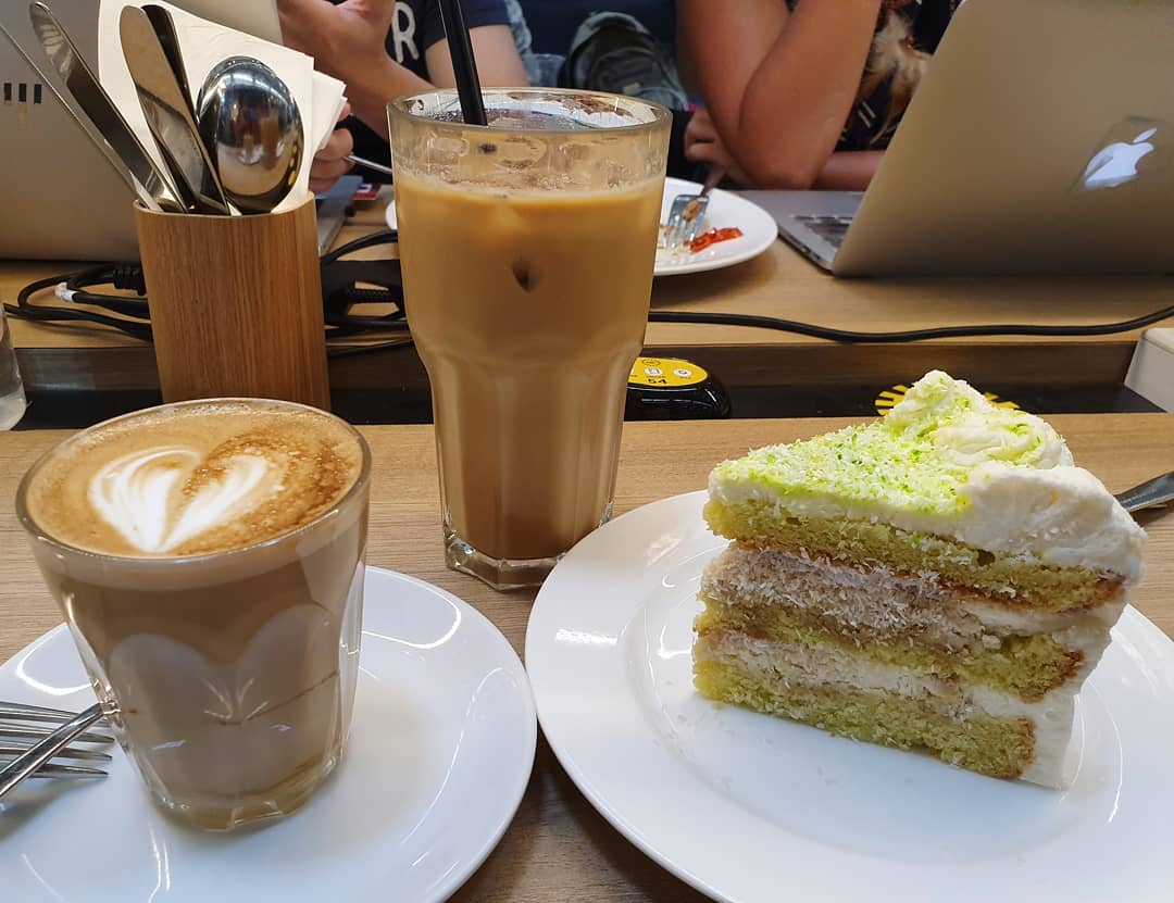 Honey milk latte ($5++); Iced latte ($6.50++); Pandan gula melaka cake ($7.90++)!