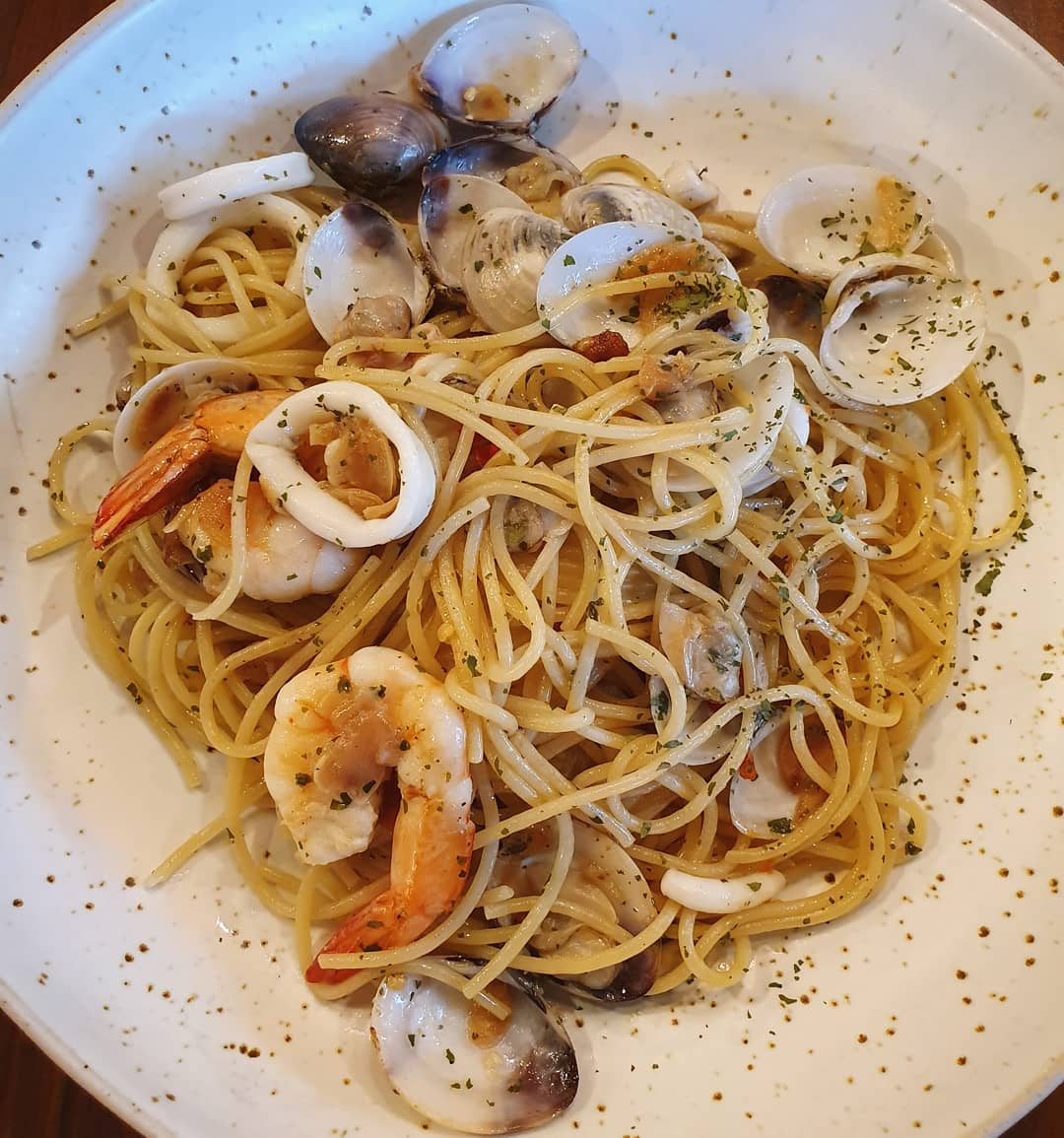 Seafood aglio olio spaghetti ($18.80++)!