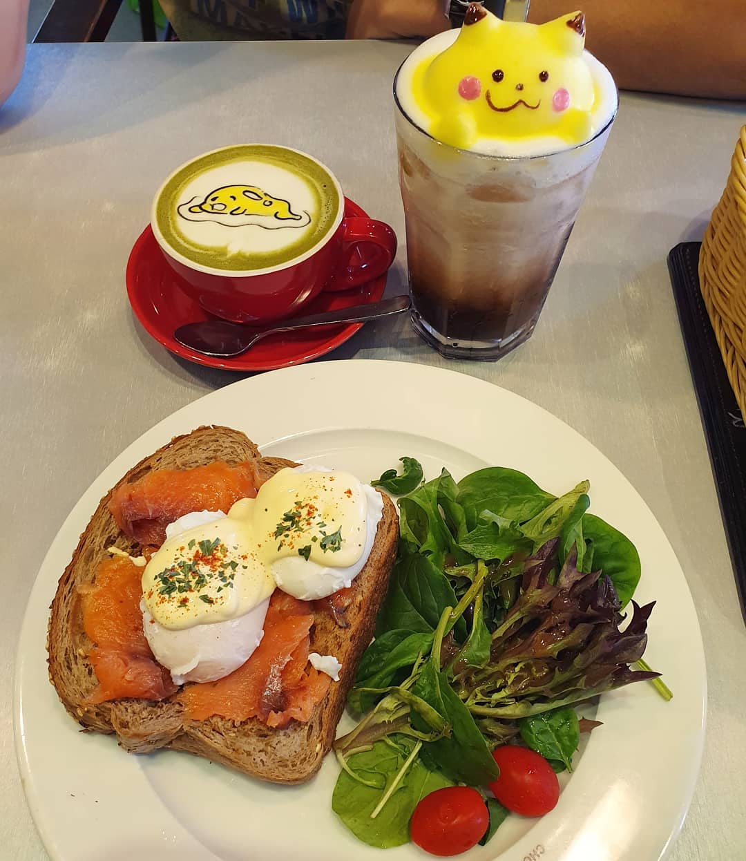 Eggs Atlantic ($16); Honey matcha latte ($6); Iced mocha ($7.50)!