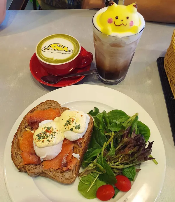Eggs Atlantic ($16); Honey matcha latte ($6); Iced mocha ($7.50)!