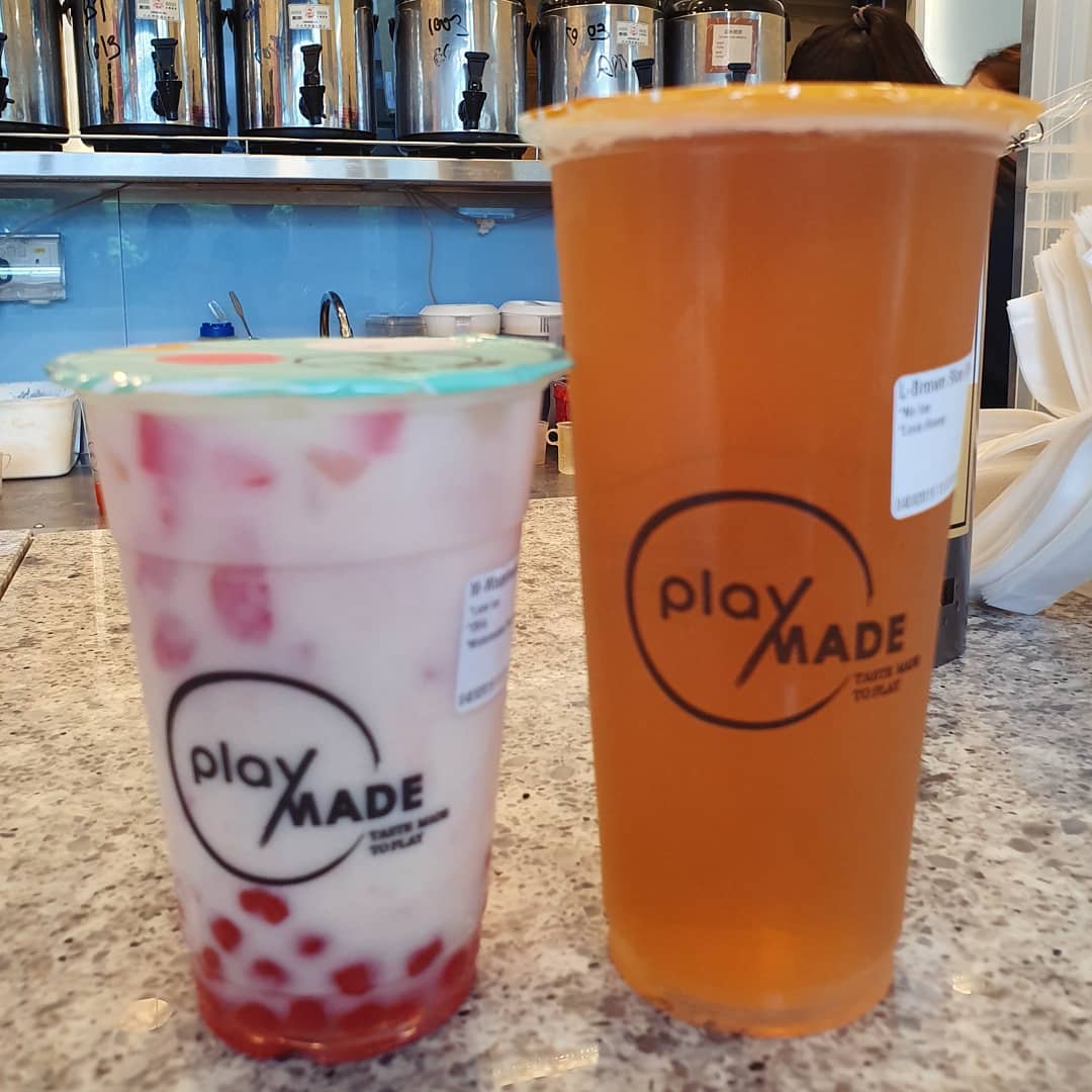 Watermelon latte with watermelon pearl ($5.70) & Brown rice sencha ($3.60)!