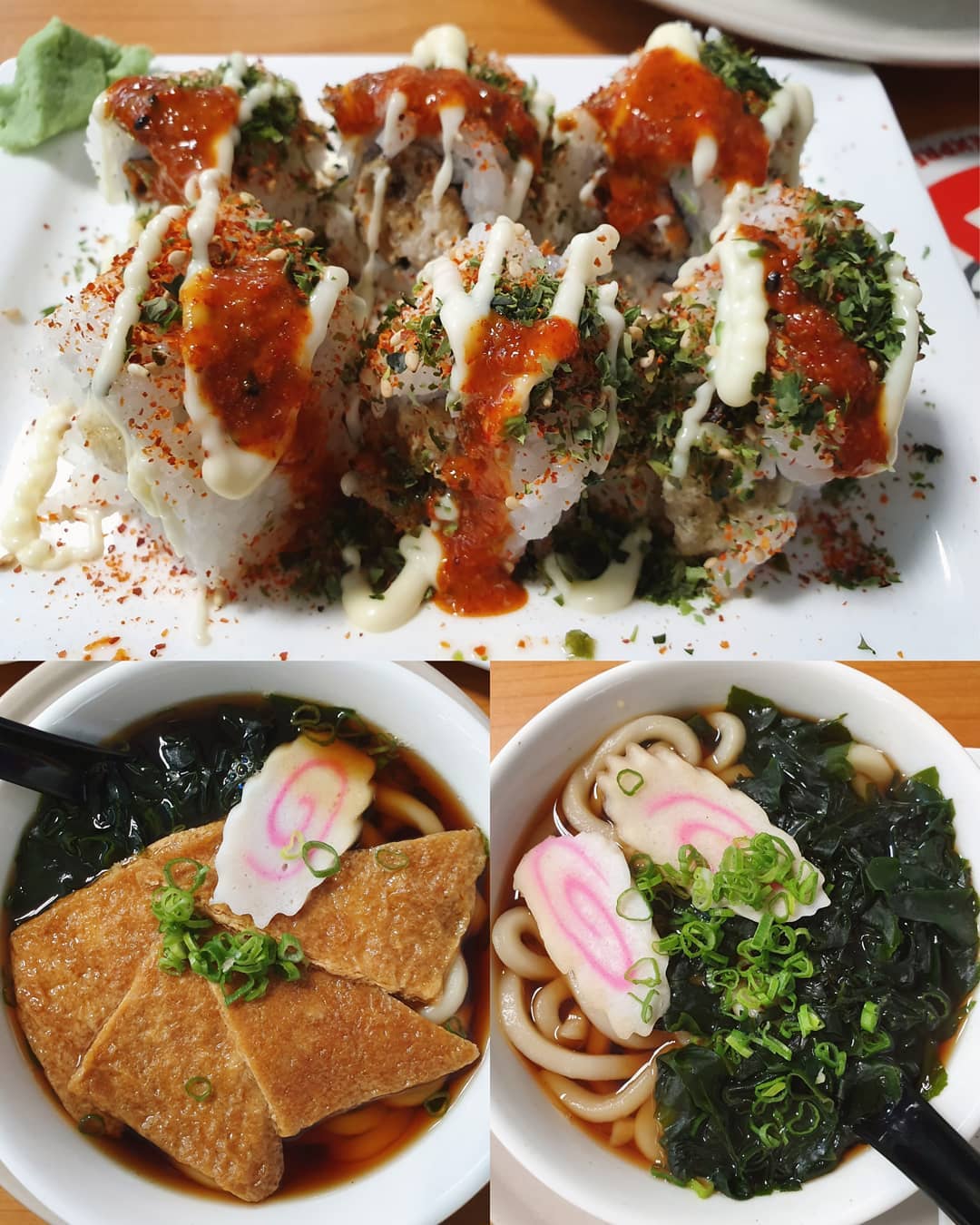 Spider maki ($12); Kitsune udon ($7); Wakame udon ($6)!
