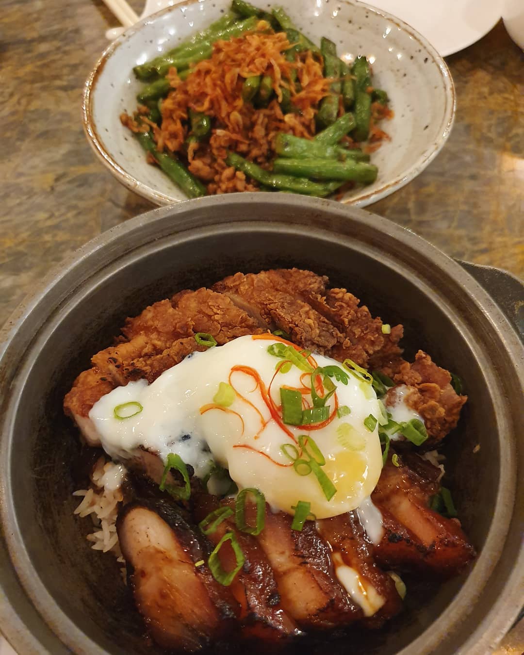Ultimate char siew and crispy kurobuta pork claypot rice ($23++) & French beans with minced pork and sakura ebi ($12++)!