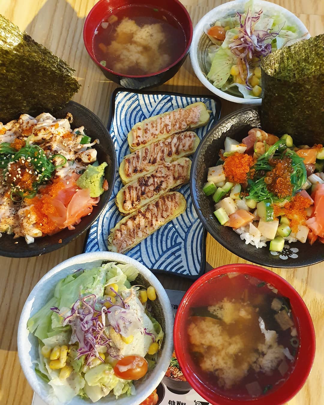 Kei Kaisendon Signature & Mentaiyaki Kaisendon & Tamago Mentai & Salad & Miso Soup (Burpple Beyond: $25.90)!