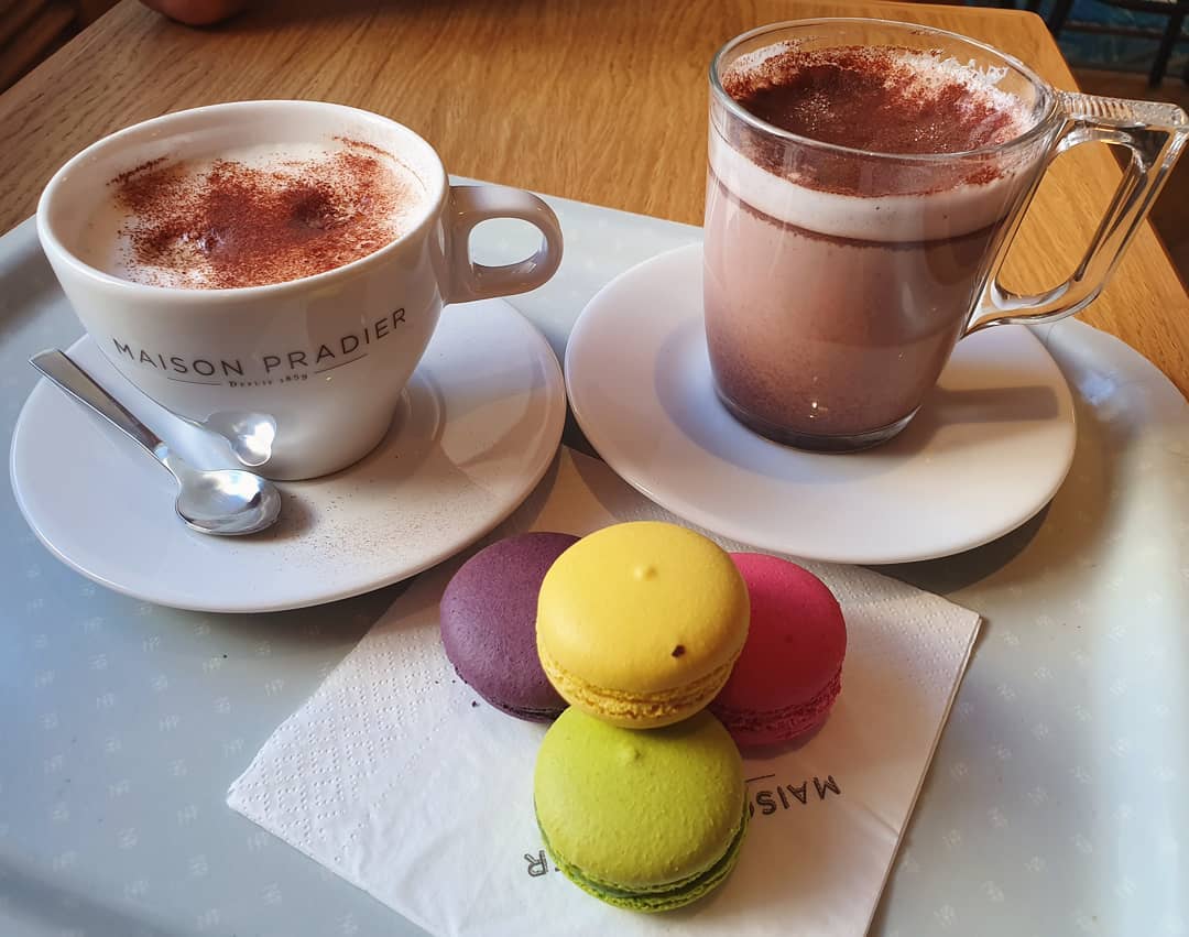 Cappuccino; Hot chocolate; Macarons — Passionfruit, Black fruits, Pistachio, Raspberry (€15)!