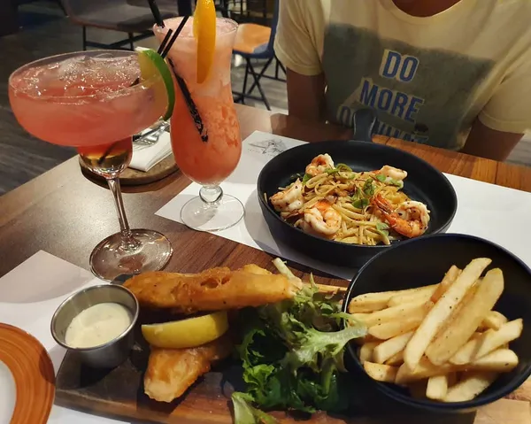 Tropical fantasy, Paradise shake, Tiger fish & chips, Gambas aglio olio (Burpple Beyond: $35.30)!