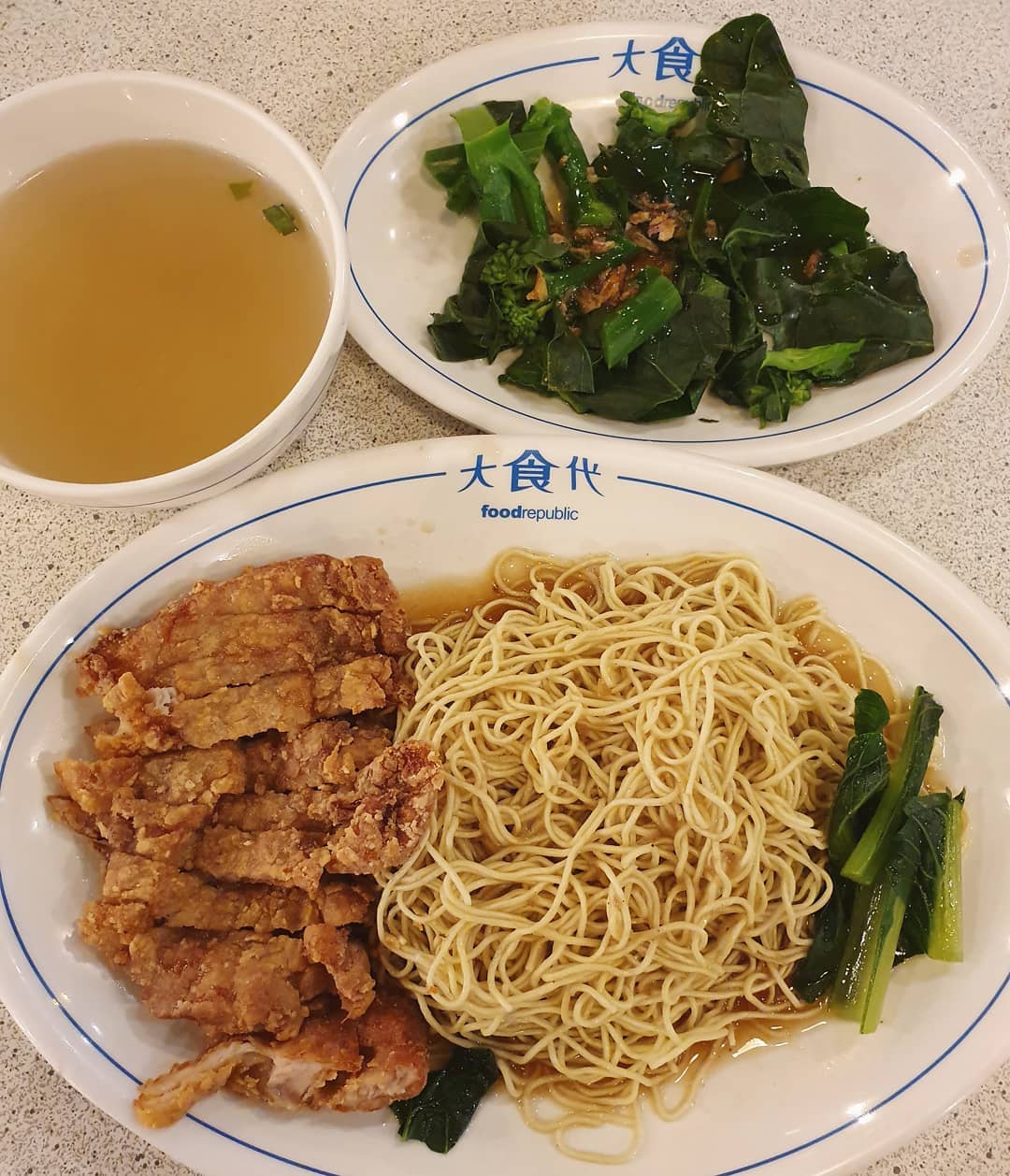 Chicken cutlet egg noodles + kailan set ($6.50)!