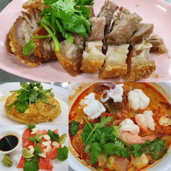 Bangkok lunch — Crispy roast pork, Shrimp omelette, Salmon, Tom yum!