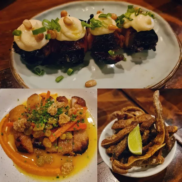 Bangkok dinner — Bacon-wrapped dates, Pork jowl, Crispy pig's ears!
