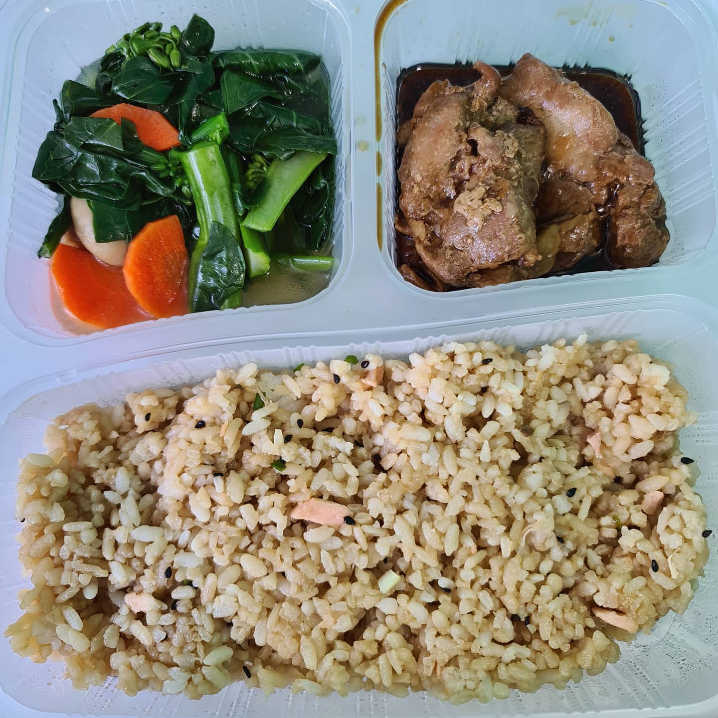 Salmon chahan, HK kai lan, baked teriyaki chicken chop ($5)!