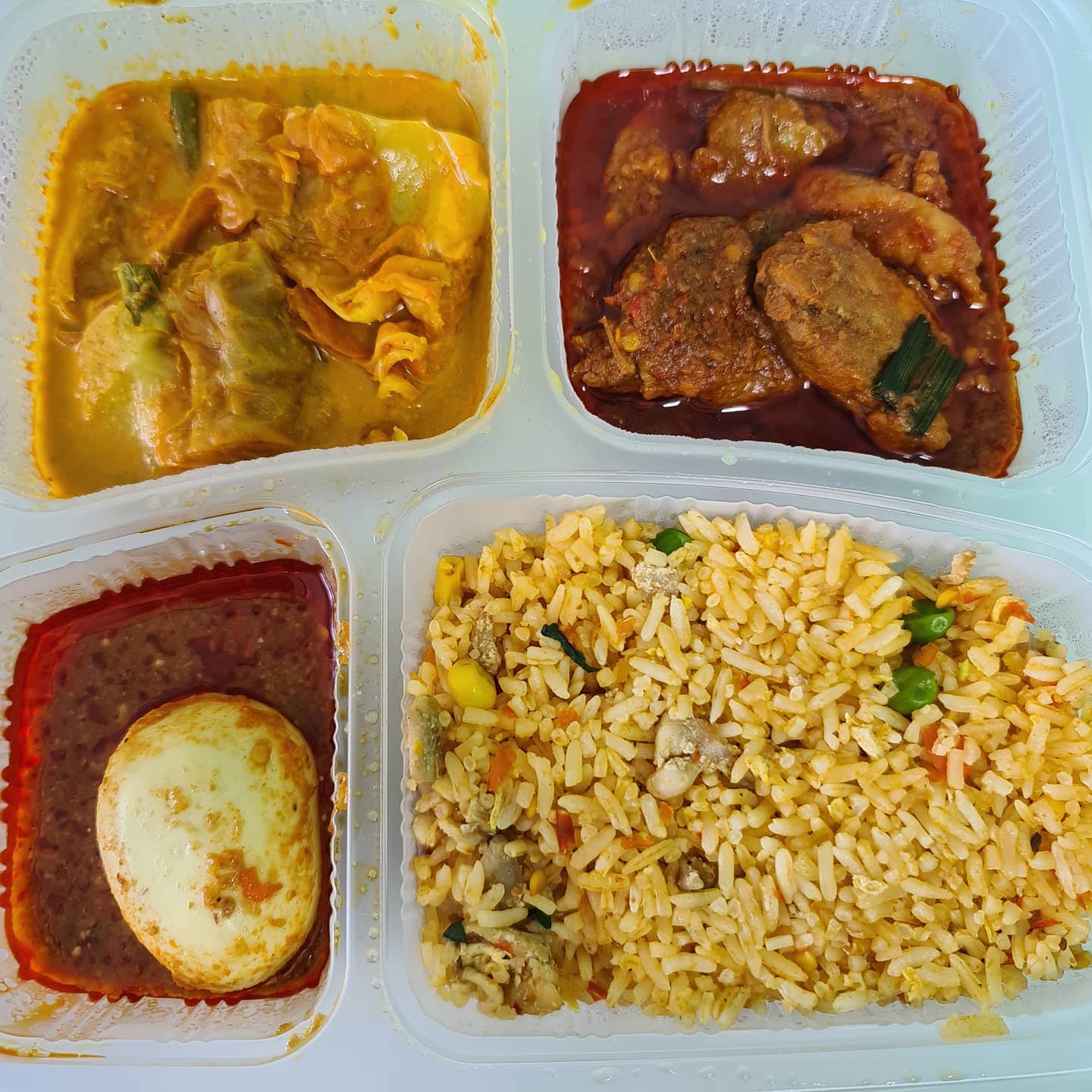Nasi goreng, Ayam masak merah, Curry vegetables, Sambal boiled egg ($5)!