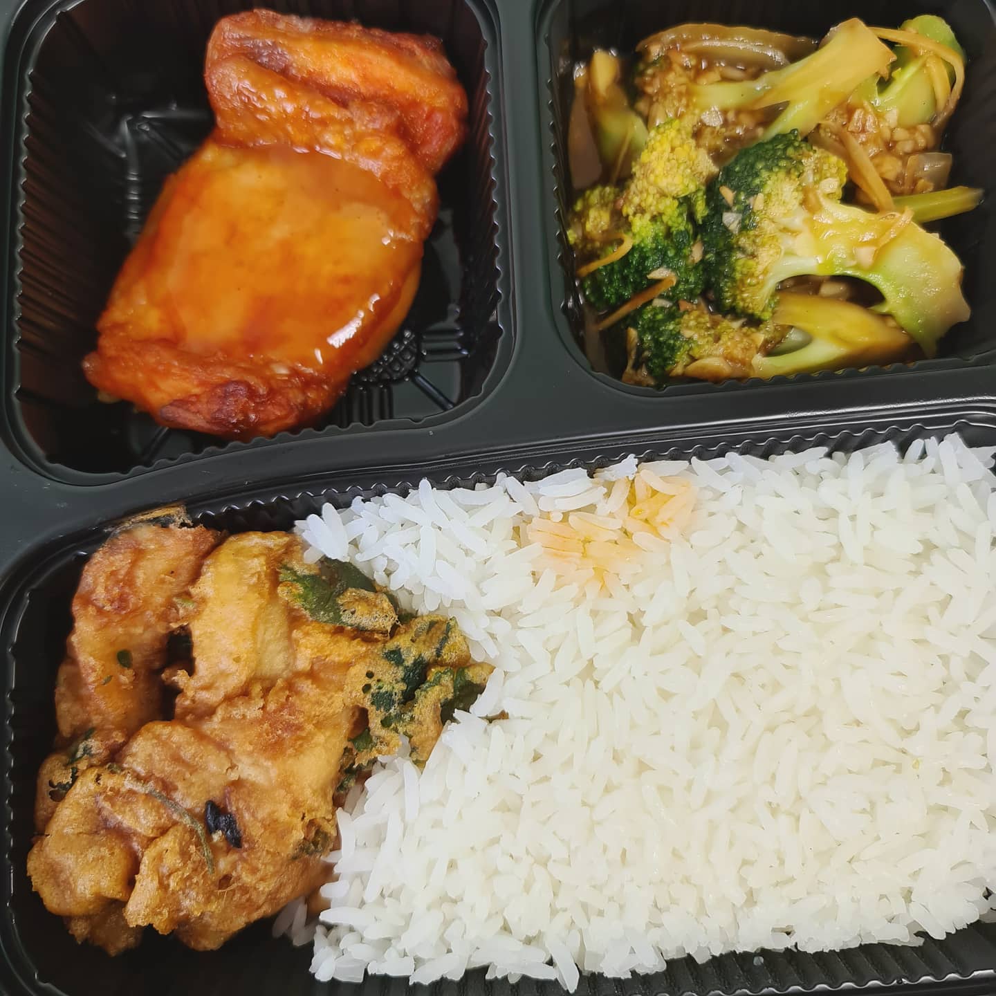 Stir fried plum chicken, coriander fried fish, garlic broccoli, rice ($5.20)!