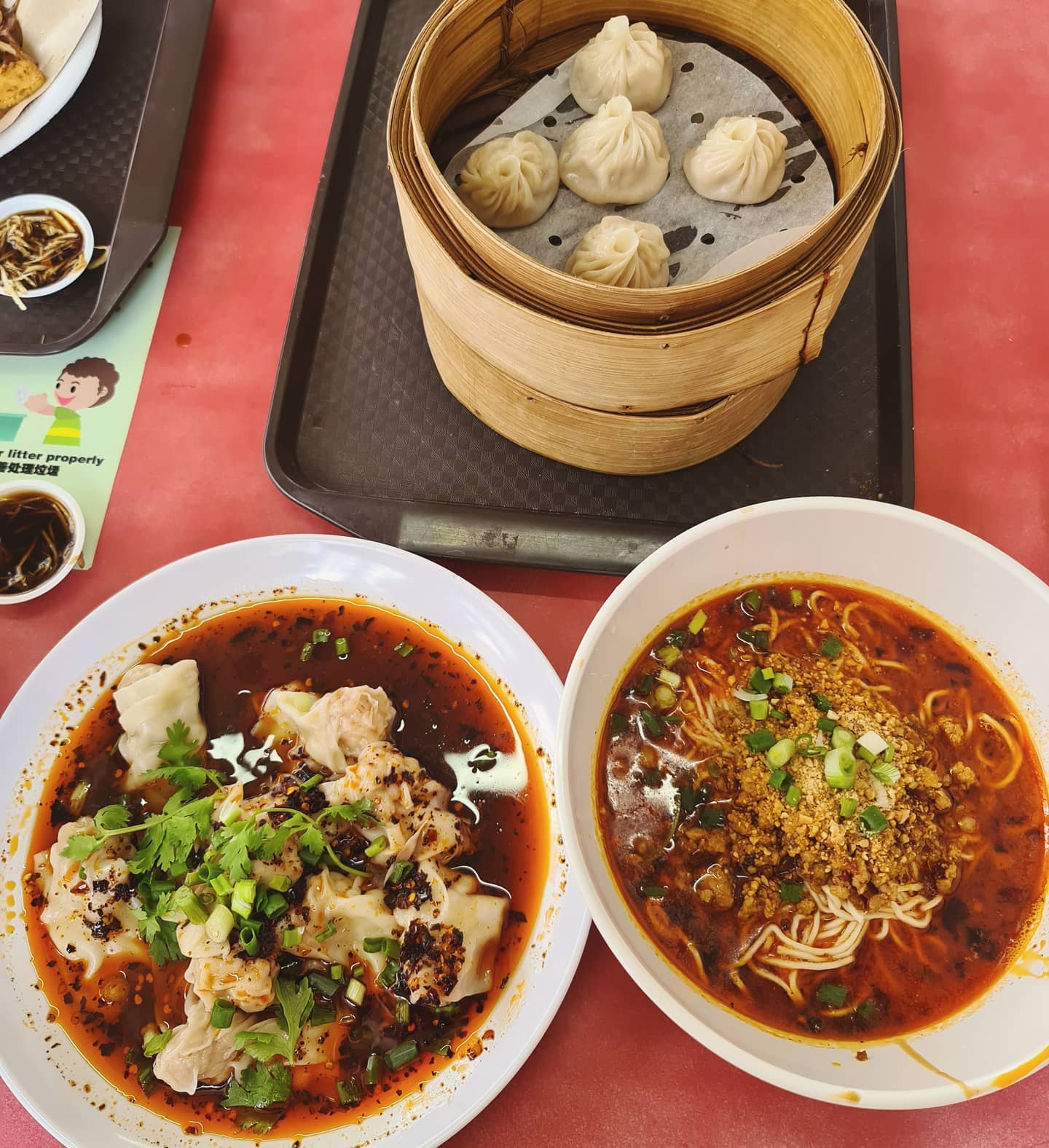 小笼包 ($6.50), 红油抄手 ($5), 四川担担面 x2 ($4.50 each)!