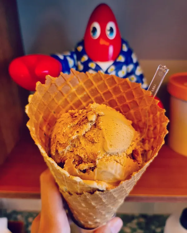Colombian cold brew & cookie butter bits ($5) + jumbo lavender cone ($1.40)!