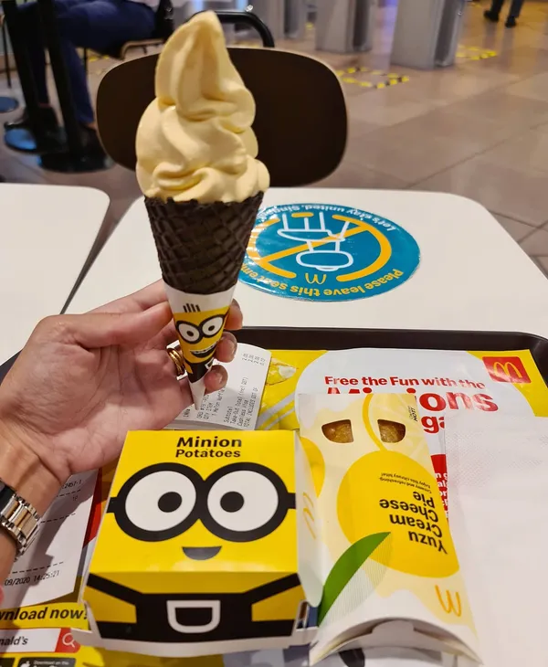 Melon waffle cone, Minion potatoes, Yuzu cream cheese pie!
