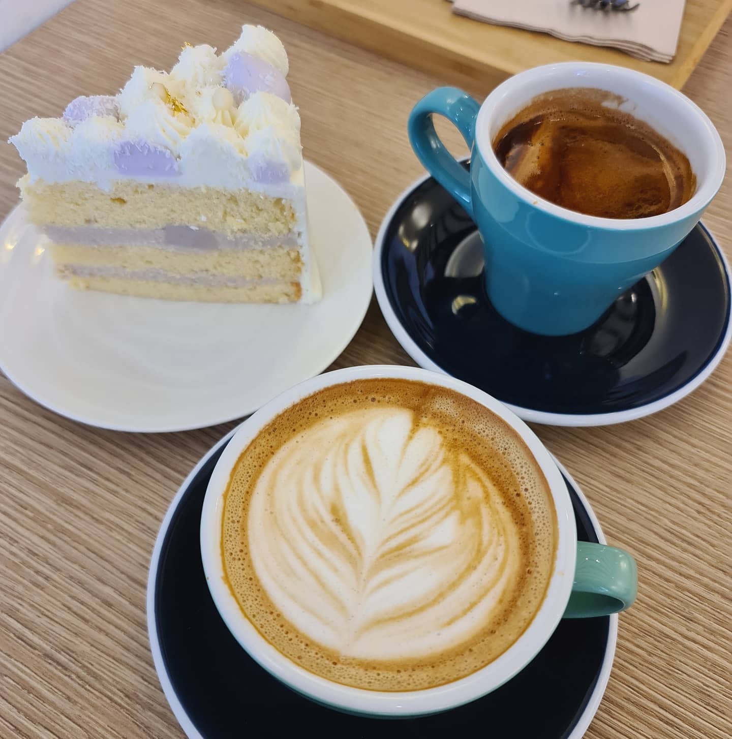 Orh nee cake, long black, roasted almond latte ($21.45)!