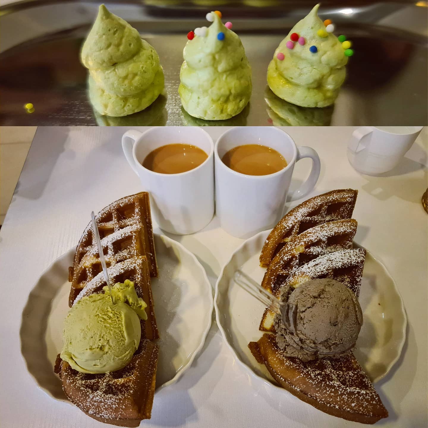 Cookies & cream + pistachio ice cream waffles + tea + complimentary meringue (Burpple Beyond: $9)!