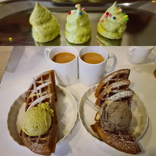 Cookies & cream + pistachio ice cream waffles + tea + complimentary meringue (Burpple Beyond: $9)!