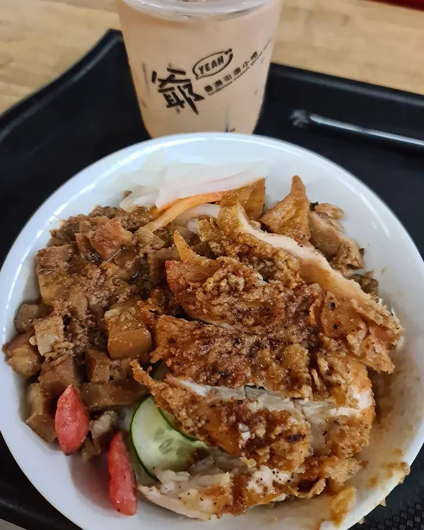 Lunch set — double up bowl (braised pork + fried chicken) & boba milk tea ($10.80)!