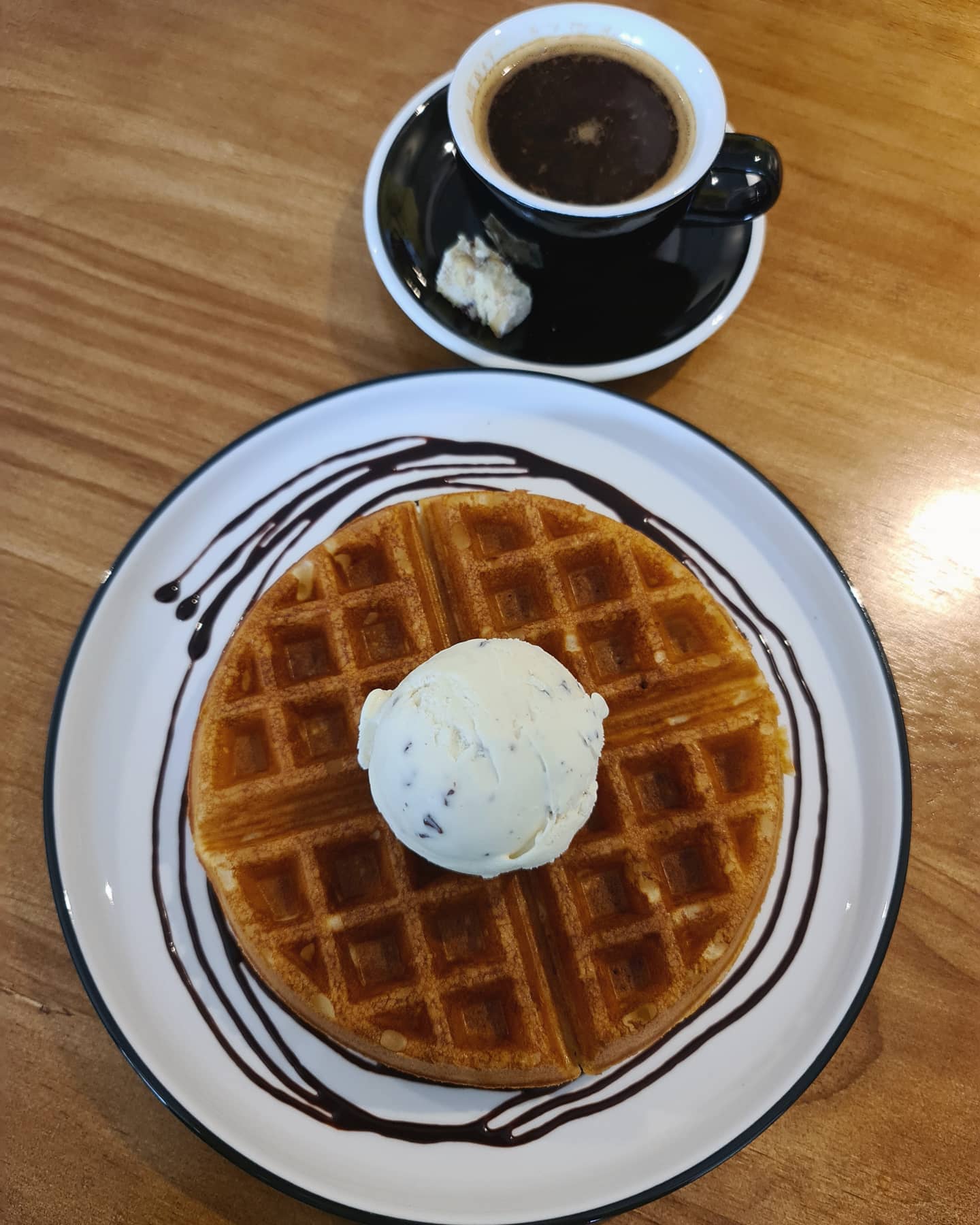 Afternoon teabreak — waffle, mint choc chip ice cream & espresso ($14.20)!