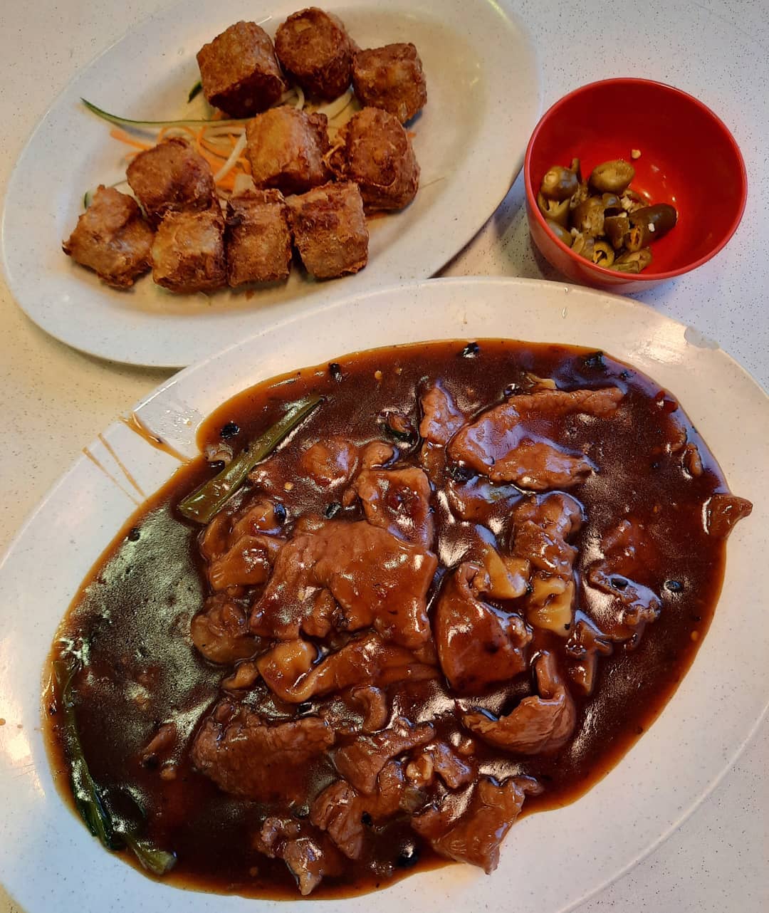 Beef hor fun + prawn rolls at a Geylang tze char with BB ($12 + $10)!