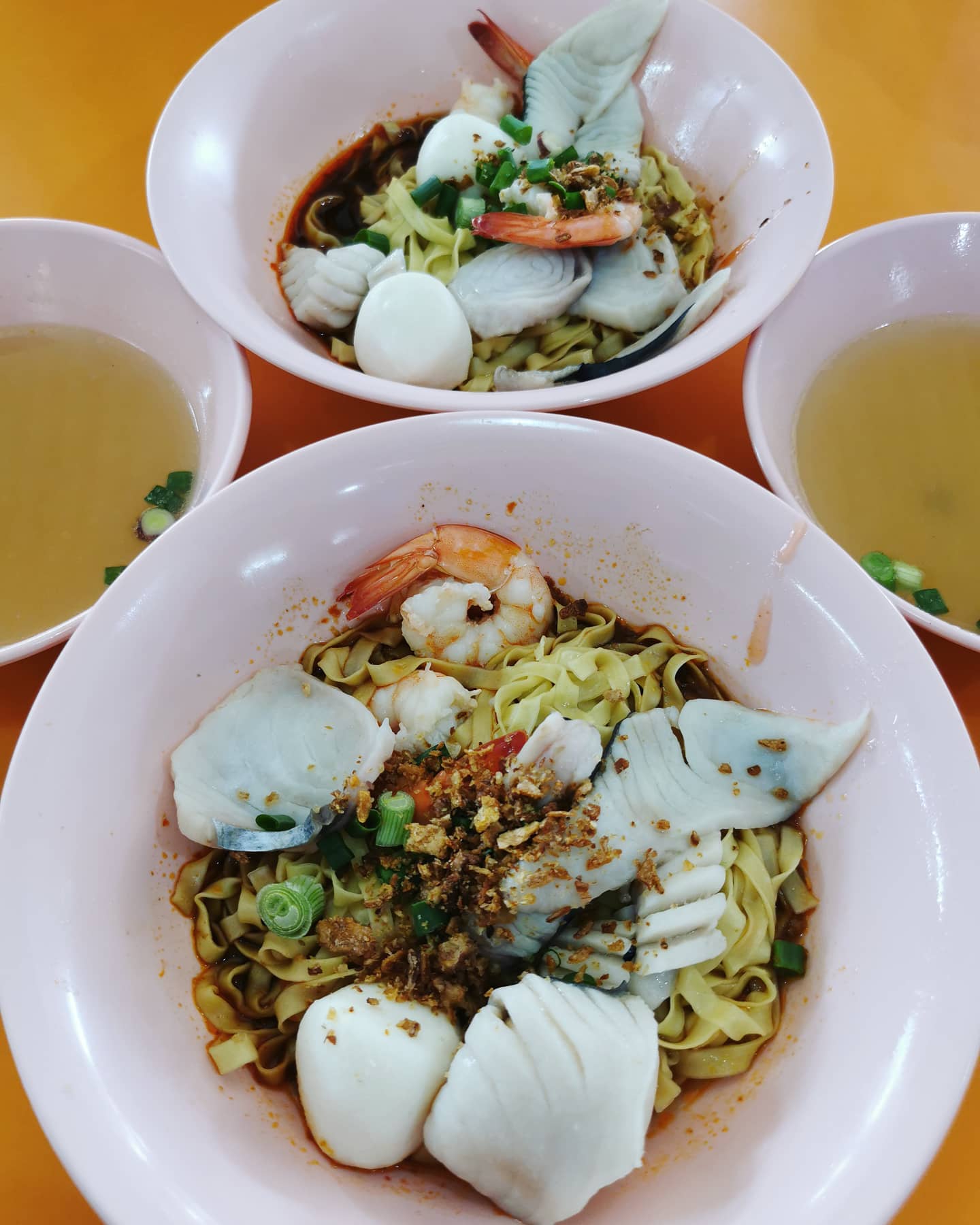 Sunday brunch — seafood mee pok at a hawker stall ($4 each)!