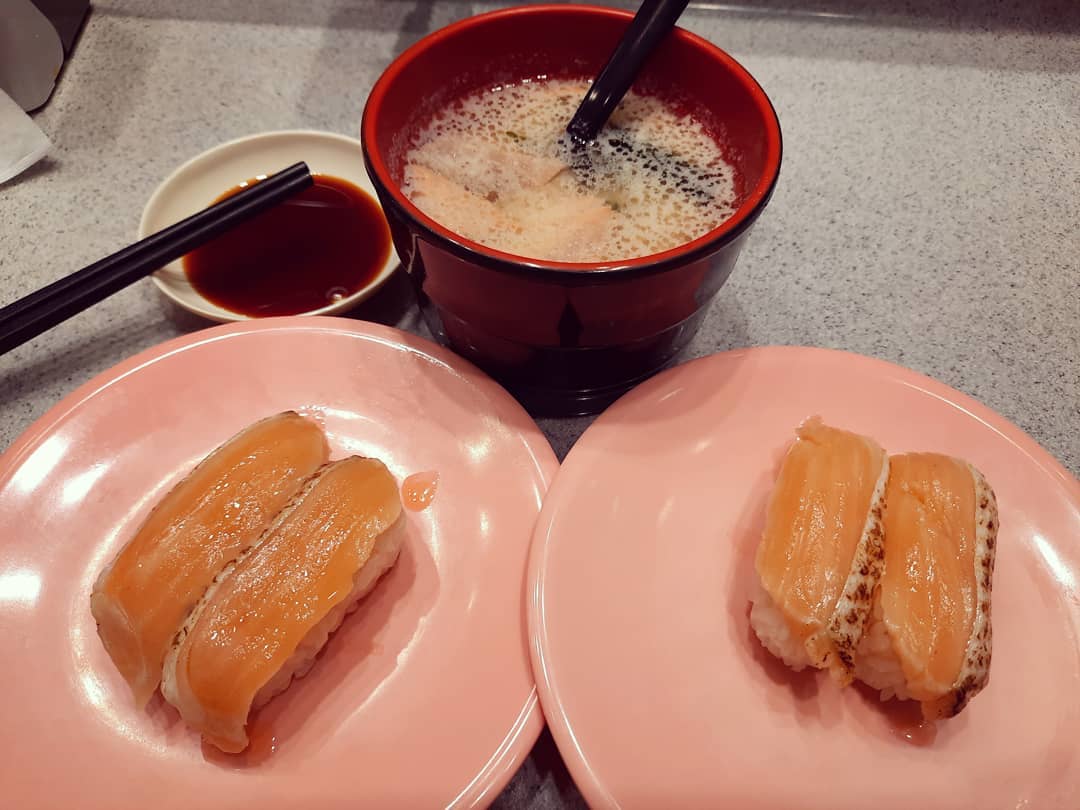 Salmon Sunday at a conveyor-belt sushi spot ($1.50++ each)!