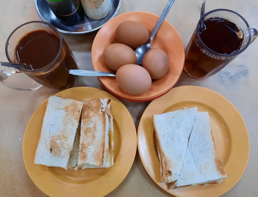 Kopitiam breakfast set — kaya toast, eggs, kopi with BB ($3.50 each)!