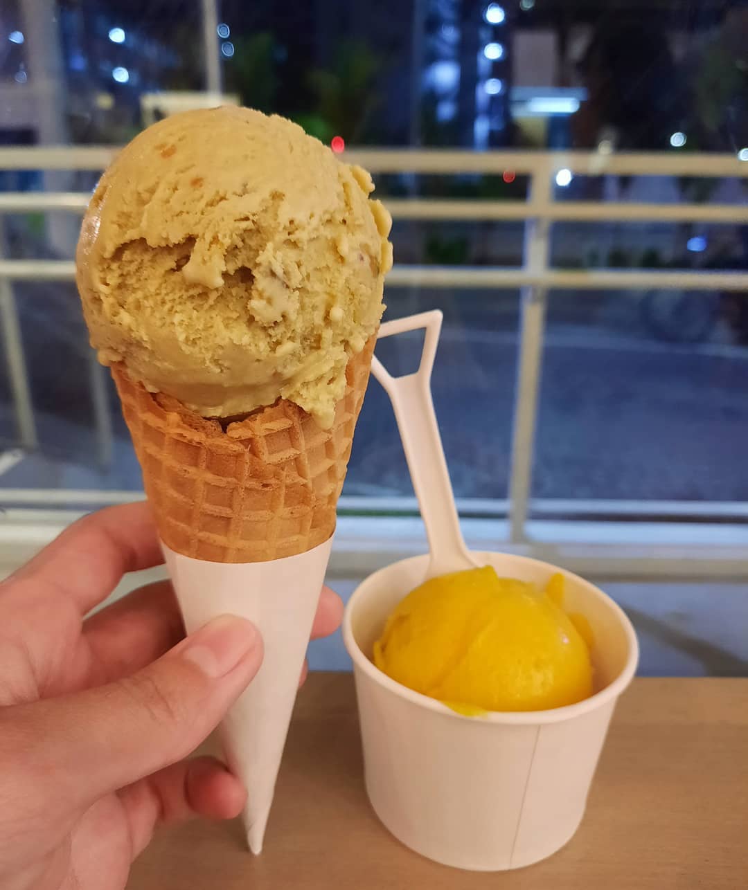 Pistachio cone + Mango passionfruit cup at a gelato café ($4.90 each)!