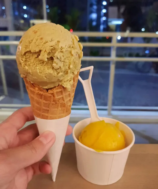 Pistachio cone + Mango passionfruit cup at a gelato café ($4.90 each)!