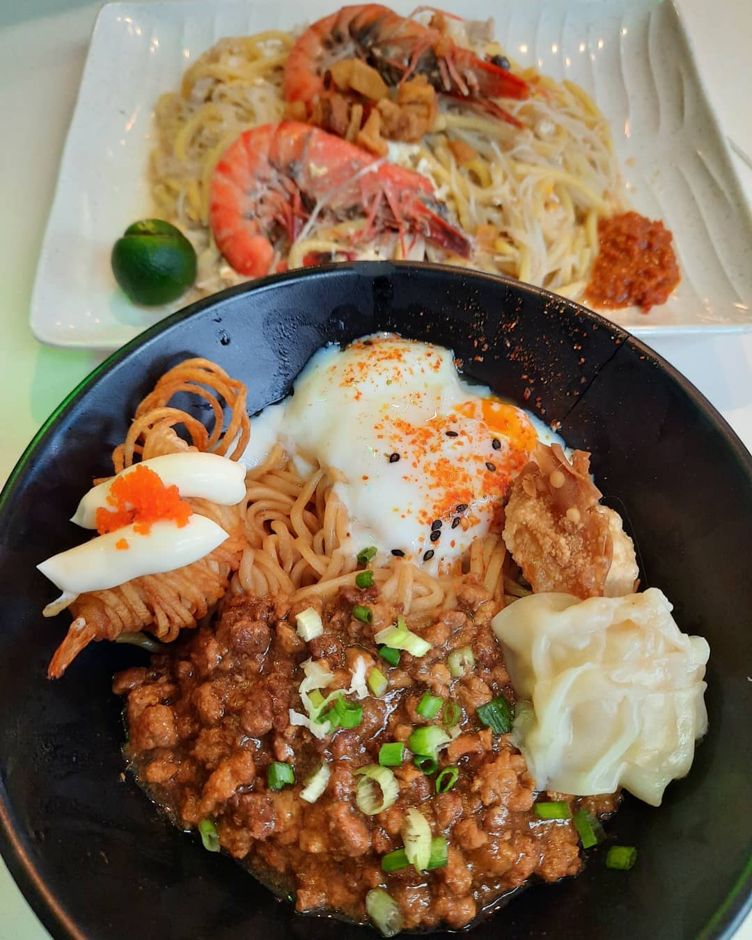 Braised minced pork ramen + Tiger prawn Hokkien mee ($9 + $7)!