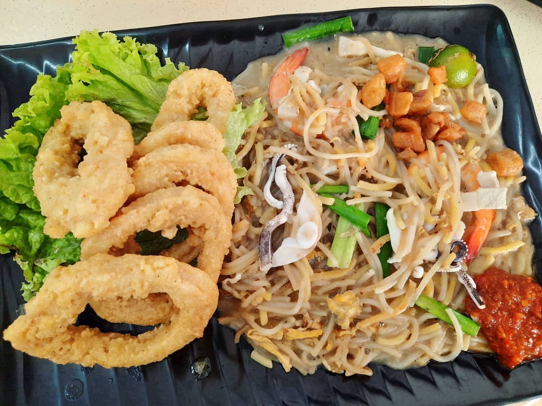Salted egg calamari Hokkien mee at a hawker stall ($6.50)!