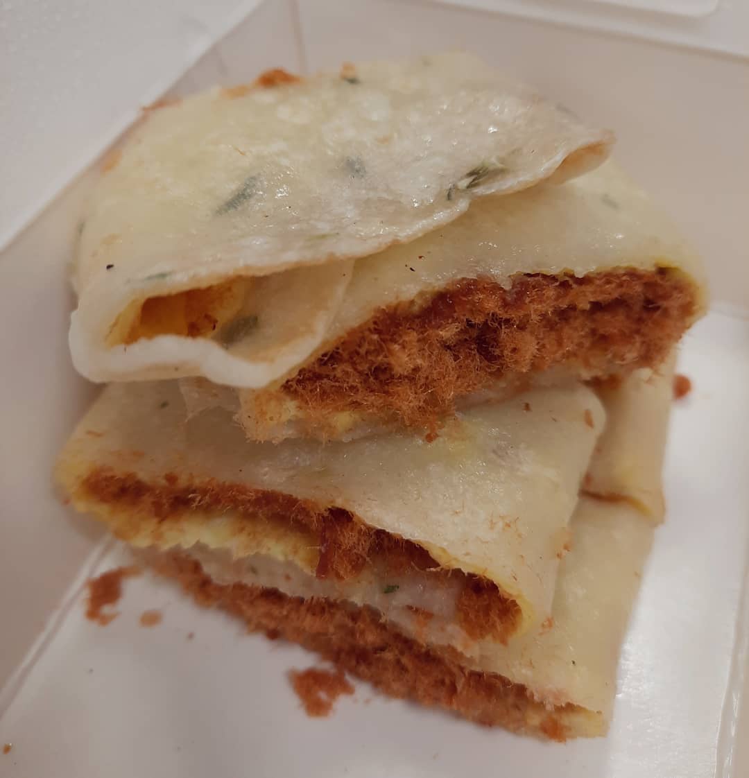 Meat floss eggs omelette (蛋餅) at a Taiwanese breakfast spot ($3.50)!