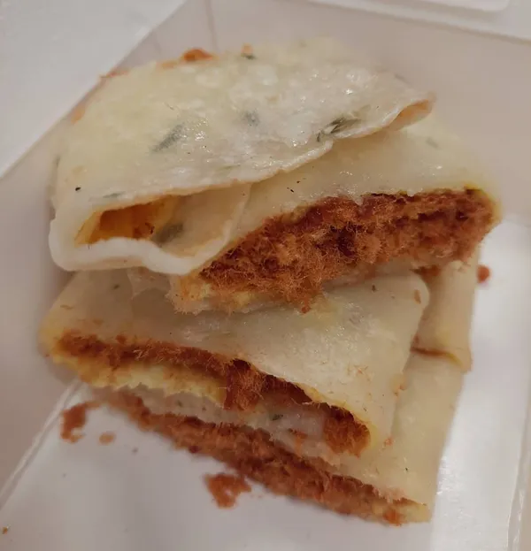 Meat floss eggs omelette (蛋餅) at a Taiwanese breakfast spot ($3.50)!